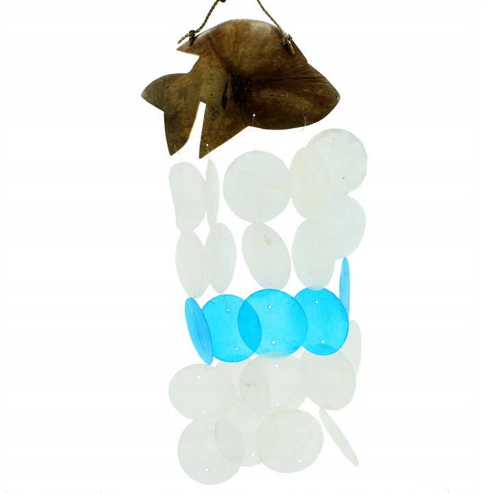 Clopotel de vant cu delfin din nuca de cocos, Alb/Albastru, Decorativ