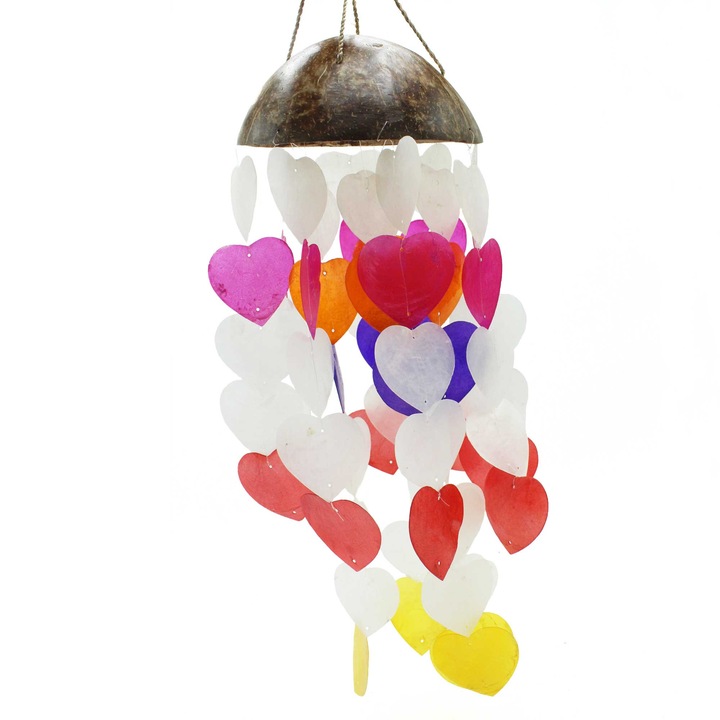 Clopotel de vant din nuca de cocos - Set Inimi Colorate, 30x45cm