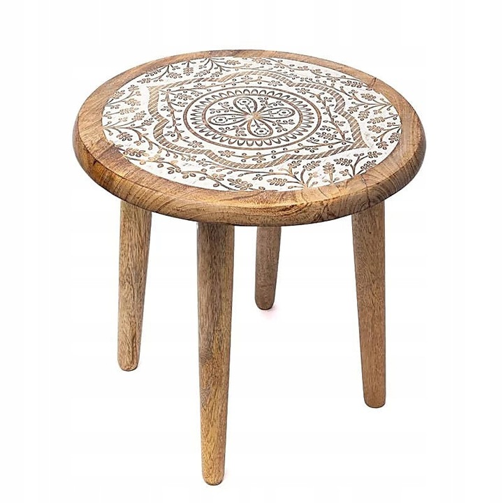 Mese Mandala, model alb, din lemn de mango, 30x30x31 cm