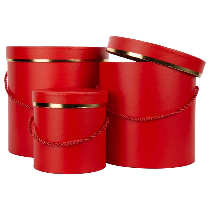 Set 3 cutii pentru flori, rosu si auriu, dimensiuni 20x20cm, 17,5x17,5cm, 12,5x12,5cm