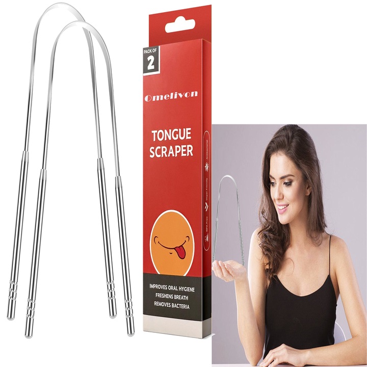 Dispozitiv pentru curatarea limbii, tongue scraper, din otel, argintiu, doua bucati, pentru adulti si copii, 100% otel inoxidabil medicinal, anti halitoza, Omelivon