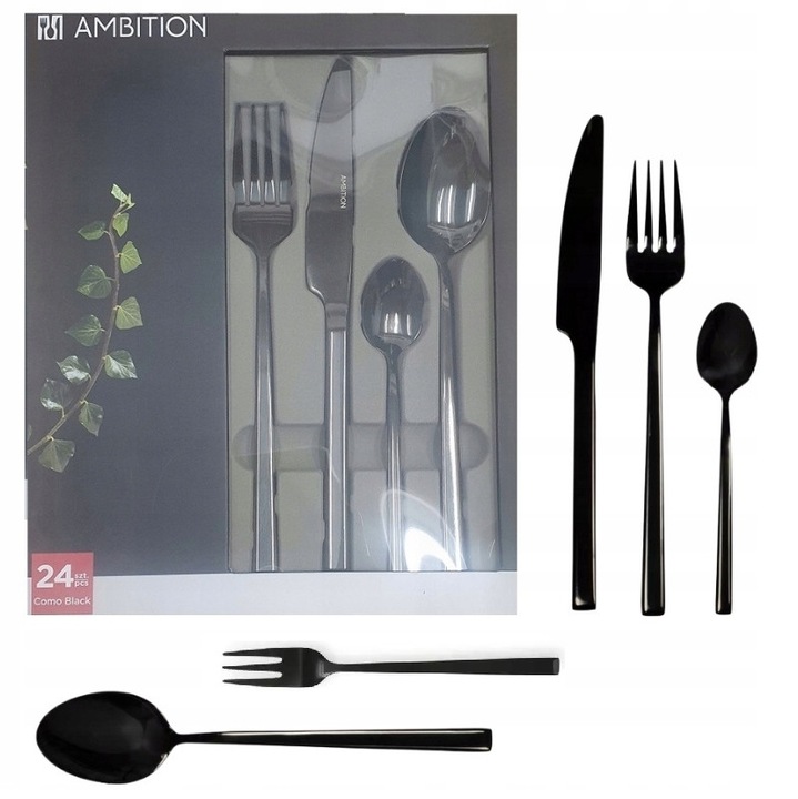 Evőeszközkészlet Ambition COMO BLACK, 30 darabos, 6 személyes, rozsdamentes acél, fekete, süteményes villákat tartalmaz