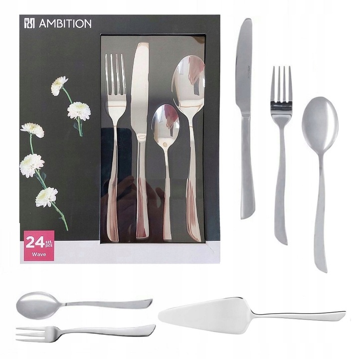 Set tacamuri Ambition Wave 31 piese pentru 6 persoane, inox, 6 cutite, 6 furculite, 6 linguri, 1 spatula, 2 cutii cadou