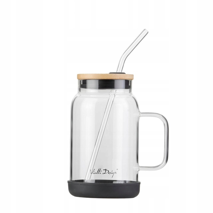 Pahar cu capac din bambus si pai, Vialli Design Fuori, 600 ml, sticla borosilicata, design modern, negru
