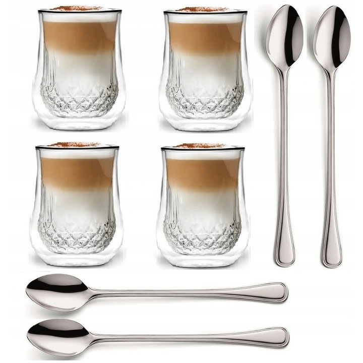 Vialli Design Diamante 300ml termopohár készlet, 4 darab, Bologna 19,5cm kanállal, boroszilikát üveg