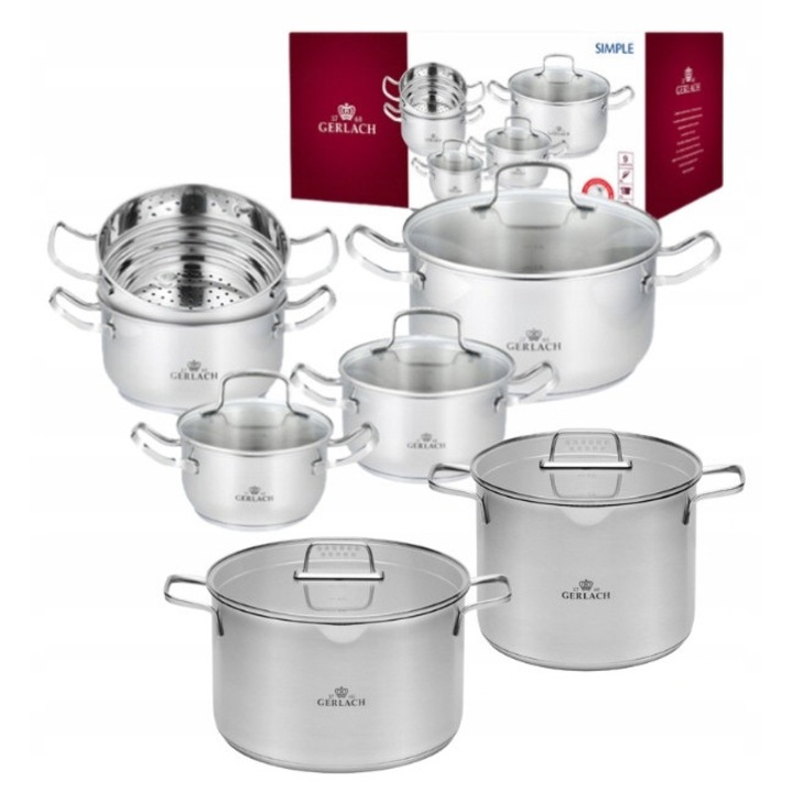 Set oale si cratite Gerlach, 9 piese, 7 l si 10 l, cu capac, inox