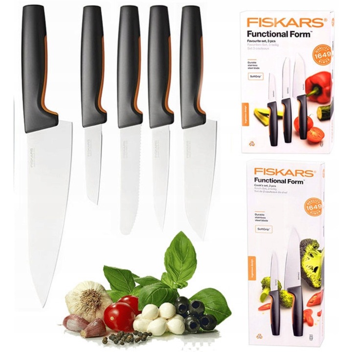 Fiskars Functional Form FISFFKPL1 késkészlet, 5 darab, rozsdamentes acél, ergonomikus SoftGrip markolat, fekete/narancssárga
