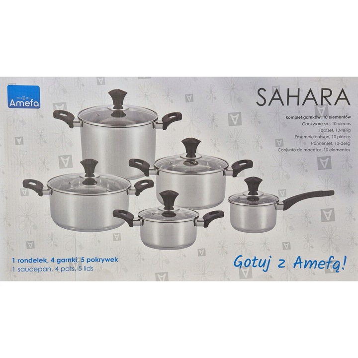 Комплект тенджери Sahara, Amefa, неръждаема стомана 18/10, 10 елемента, различни размери
