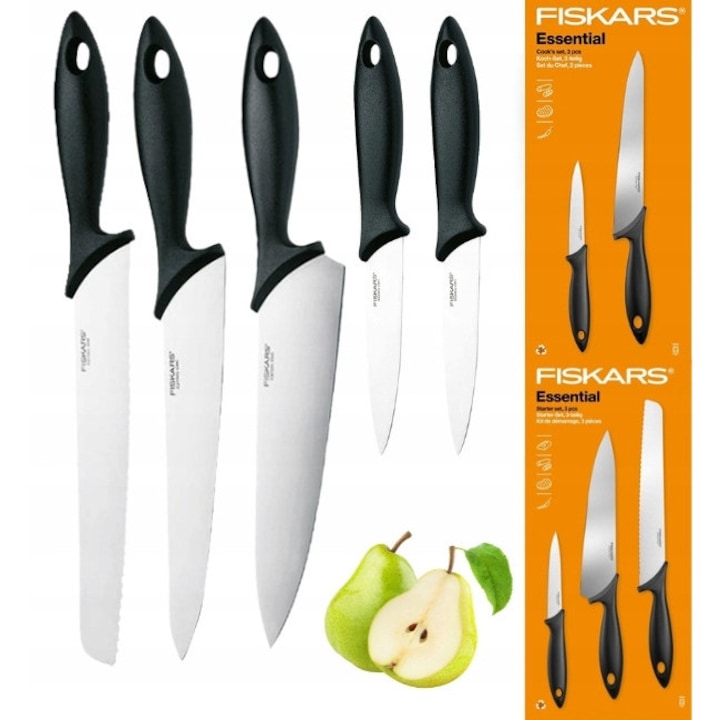 Fiskars Essential konyhakés készlet, rozsdamentes acél, polipropilén nyél, HRC 53 pengék, fekete/acél, 5 darab