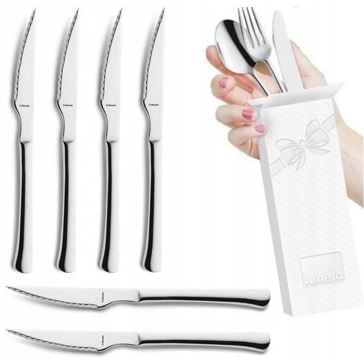 Set 6 cutite pentru pizza si friptura, Amefa, model Chulatero, 22,5cm, inox 18/10, cutie cadou