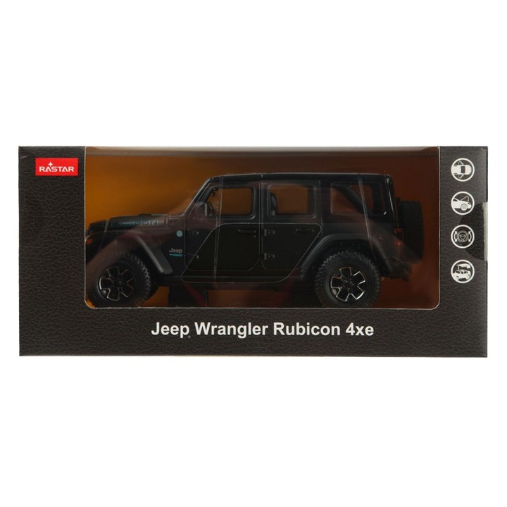Fém autó, Rastar, Jeep Wrangler Rubicon 4xe, gumiabroncsok, fekete, 19x8.9x5.5cm