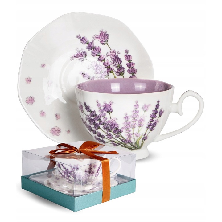 Set cana cu farfurie Veroni, 260ml, motiv lavanda, portelan premium
