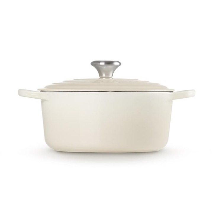 Kerek öntöttvas serpenyő, Le Creuset, 24 cm, fehér, fedővel, 4,2 l