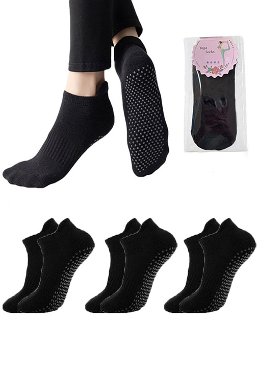 Set 3 Perechi Sosete Yoga Antiderapante, Pentru Pilates, Fitness, Balet, Dans, Bumbac, Respirabil, Elasticitate Ridicata, Marime Universala, Negru, FABOKA®