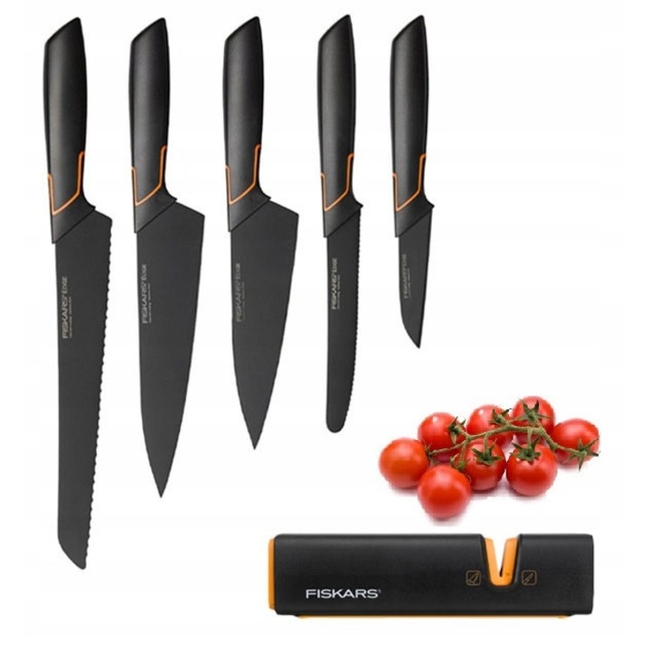 Fiskars Edge 5 részes konyhakéskészlet, rozsdamentes acél, fekete-narancssárga, élezővel