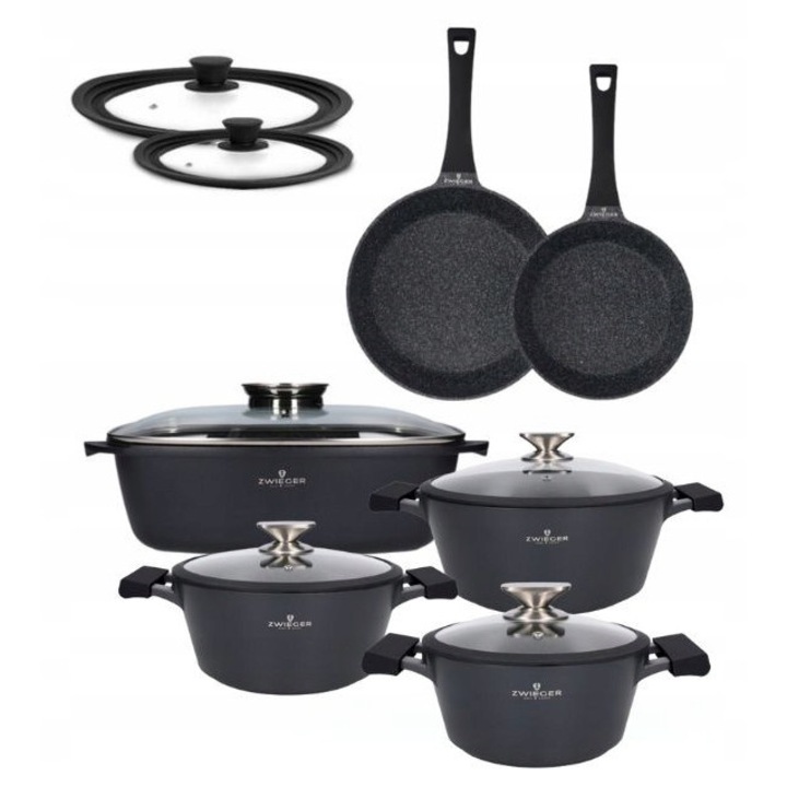 Set oale si tigai Zwieger Black Stone, 12 piese, aluminiu, negru, 20x24x28cm, 20x28cm, 32cm