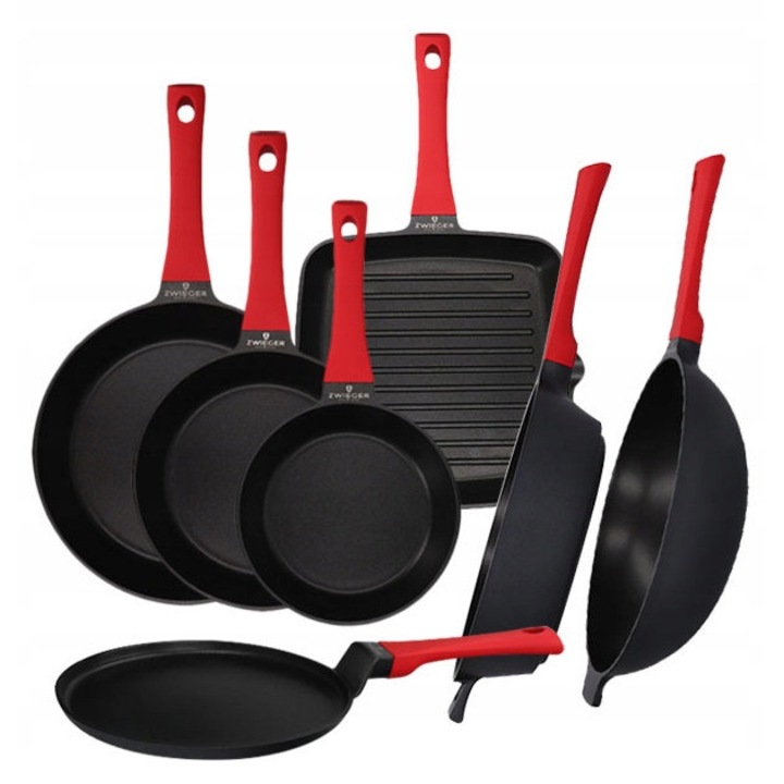 Zwieger Obsidian 7 részes edénykészlet, fekete és piros, 20x28cm, 32cm wok