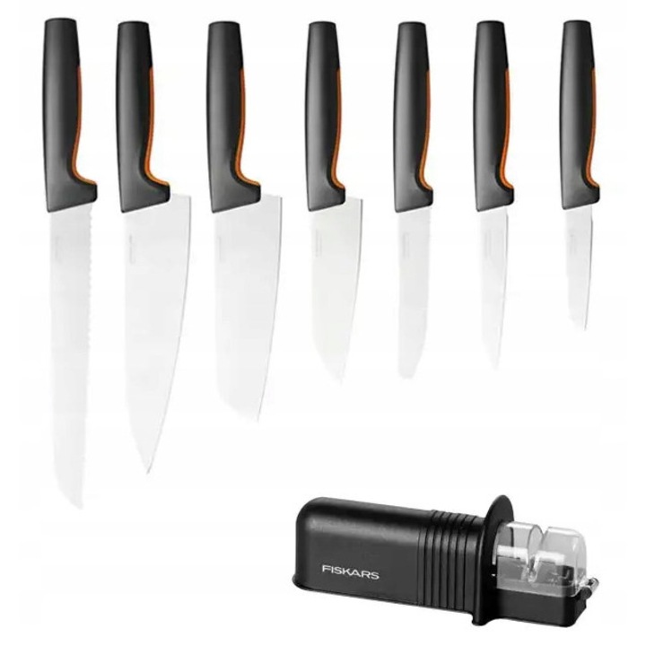 Fiskars Functional Form 7 darabos késkészlet, rozsdamentes acél, fekete-narancssárga, élezővel