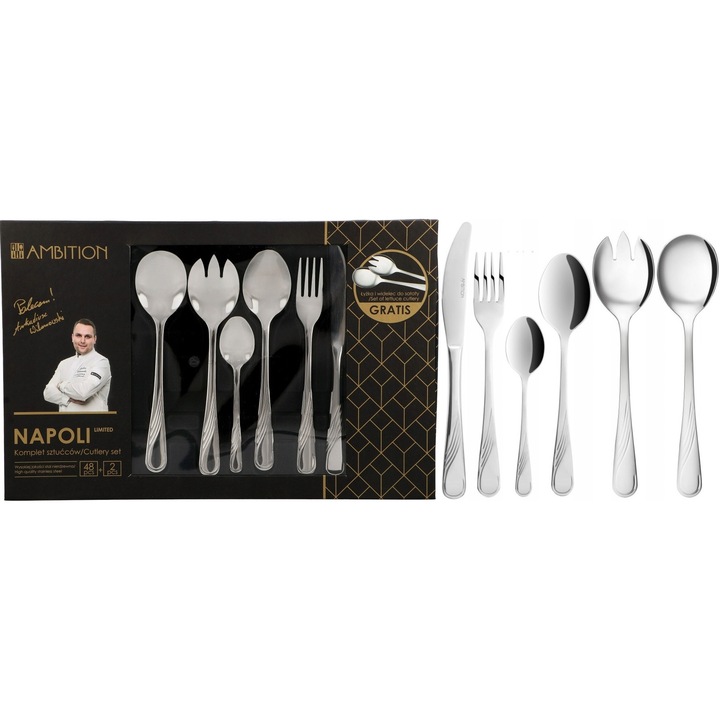Ambition Napoli 100 darabos evőeszközkészlet 24 személyre, rozsdamentes acél, klasszikus design, mosogatógépben mosható