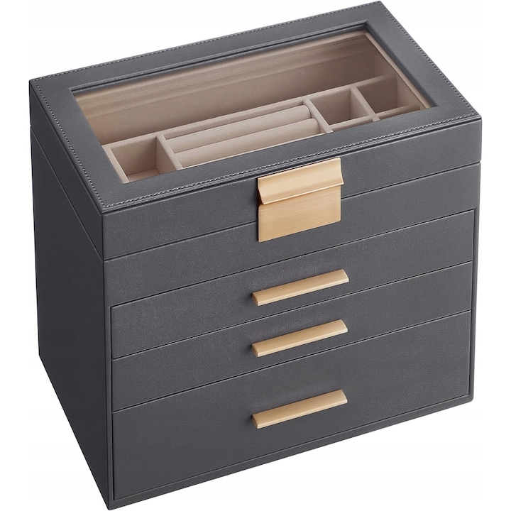 Ékszerdoboz, 4 szintes, fekete arany részletekkel, üvegfedéllel