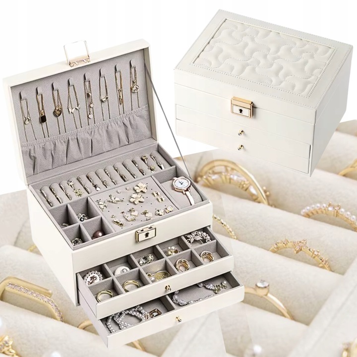 Ékszerdoboz, 3 szintes, fehér, 23x17x13.5cm