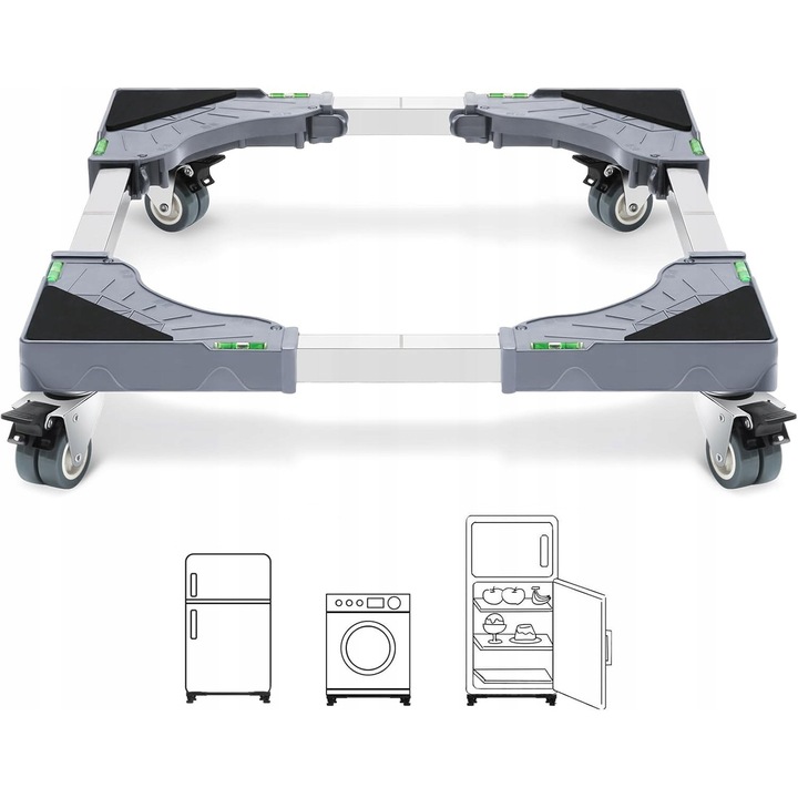 Stativ mobil din otel inoxidabil, suport pentru masina de spalat si frigider, 4 roti blocate, dimensiuni ajustabile 40x62cm