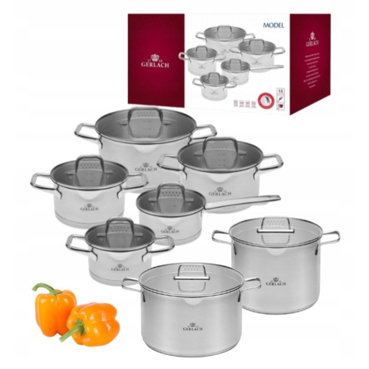 Set oale si cratite Gerlach, 10 piese, 7L si 10L, cu capac, inox
