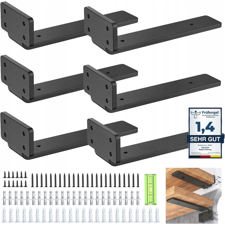 Set de 6 suporturi pentru rafturi, negru, dimensiuni variate