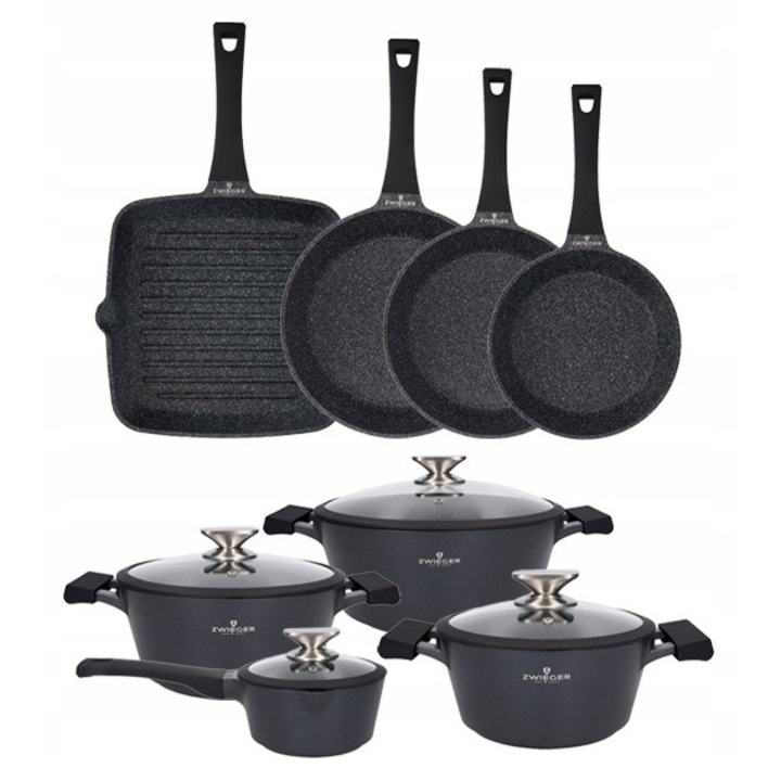 Set oale si tigai Zwieger Black Stone, 12 piese, aluminiu turnat, negru, 20x24x28cm, 16cm rondel, 28cm grill