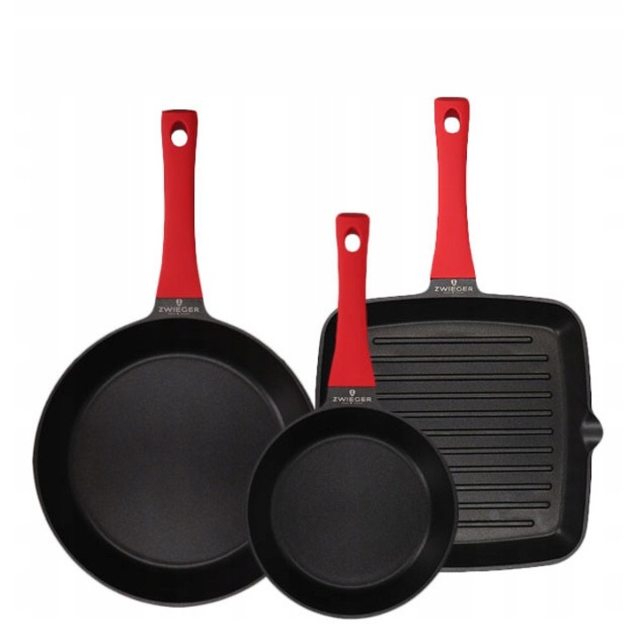 Zwieger Obsidian edénykészlet 20cm, 28cm + grill serpenyő 28cm, öntött alumínium, fekete, piros