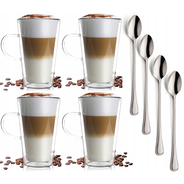 Set 4 pahare termice Vialli Design AMO 320ml, 4 linguri lungi 19,5cm, inox