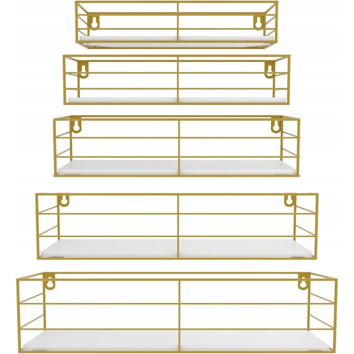 Set rafturi decorative din lemn si metal, 5 bucati, aurii, dimensiuni variate