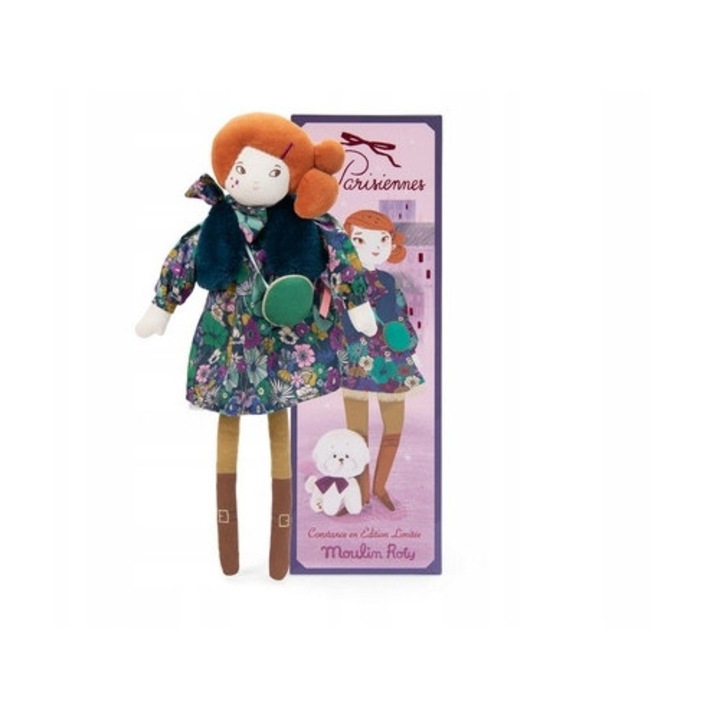 Constance limitált kiadású baba, Moulin Roty, 48cm, virágos ruha, zöld táska