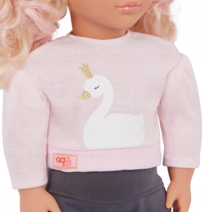 Our Generation Eliana baba 46cm, blúz hattyú mintával, leggings, kiegészítő szett