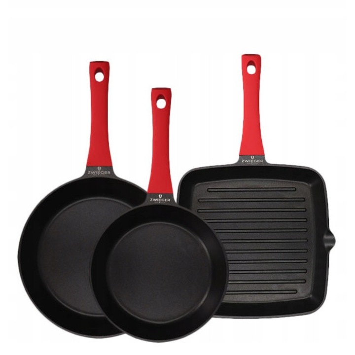 Zwieger Obsidian serpenyő szett 24cm, 28cm + grill serpenyő 28cm, fekete, piros