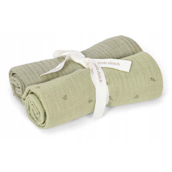 Muszlin pólyaszett 70x70cm, Little Dutch, Pure Sage, 100% organikus pamut, puha és nedvszívó