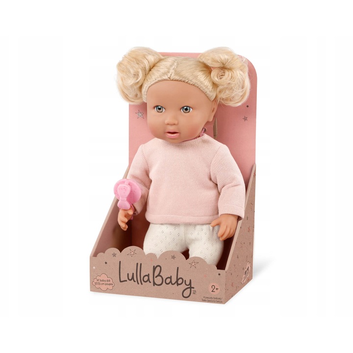 LullaBaby baba, 35,5 cm, hajjal, cumival, ruhaszettel (nadrág és kardigán)