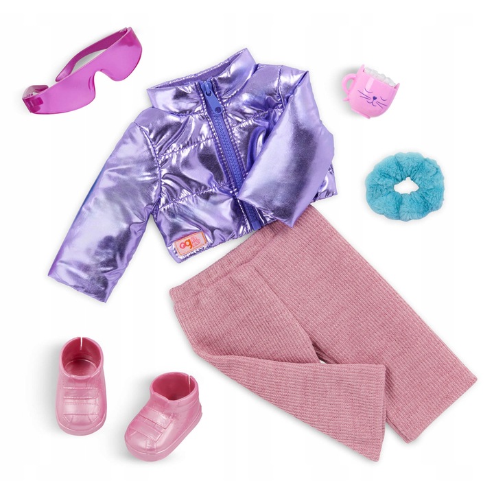 Our Generation Puffy & Comfy babaruha szett, 46cm, fémes dzseki, meleg nadrág, kiegészítők