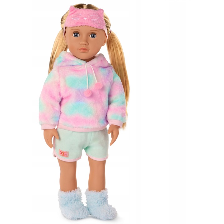 Our Generation Mandy baba 46 cm, pizsama, macskafüles blúz, bolyhos zokni