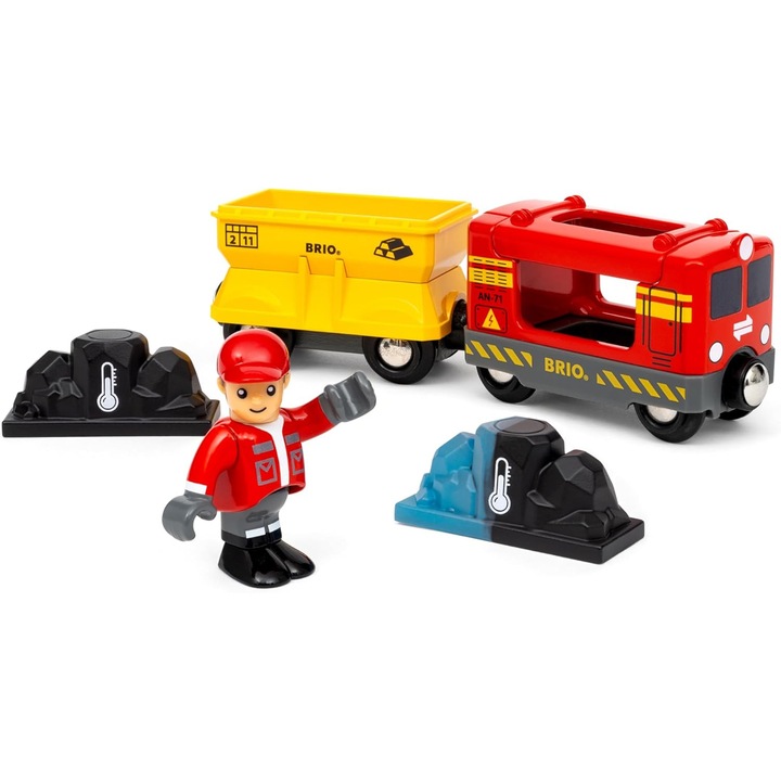 Trenulet de jucarie BRIO, set cu 5 elemente, locomotiva rosie si galbena, figura, 2 pietre magice, 3 ani+