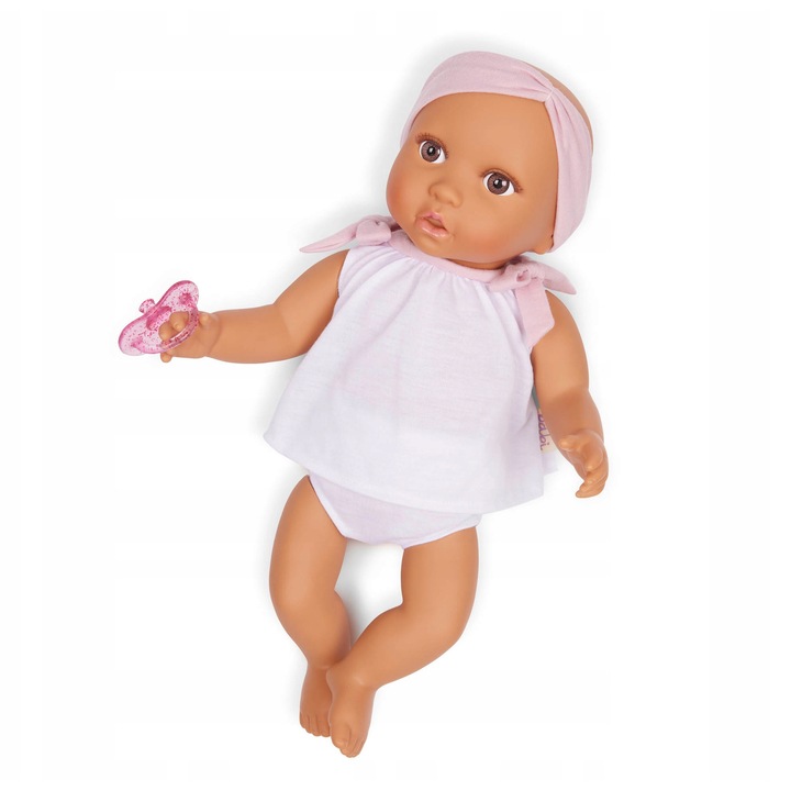 LullaBaby babababa, 35,5cm, hajcsomóval és fehér ruhával rózsaszín díszítéssel
