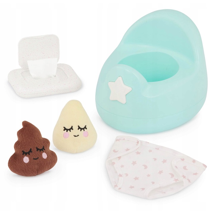 LullaBaby babakiegészítő szett, 35,5 cm, tartalmaz bili, játékok, nedves törlőkendő, pelenka, többszínű