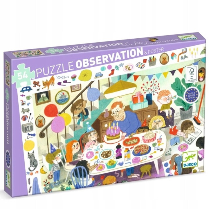Puzzle Djeco URODZINY, 54 elemente, 61x38cm, educativ, pentru 3 ani+