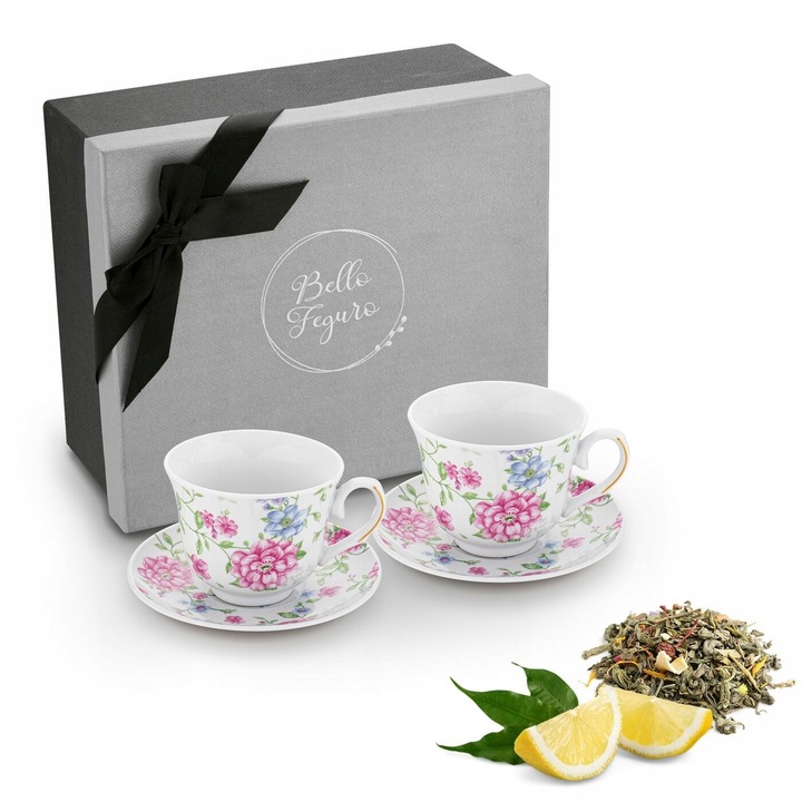 Set 2 cani cu farfurii Tadar Bella Feguro Vittoria 250 ml, alb, albastru, roz, 12x9x7,5cm