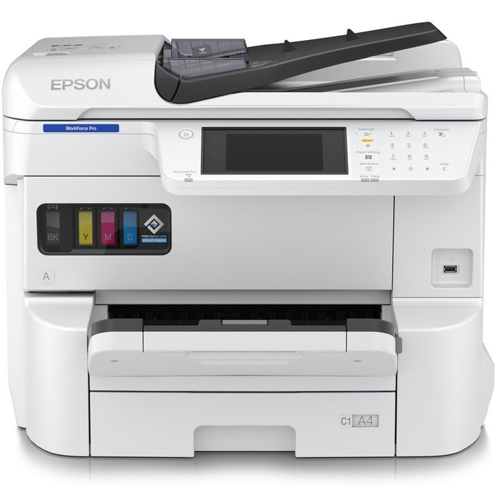 Multifunctional inkjet color Epson WorkForce Pro EM-C7100DWF, imprimare, scanare, copiere, fax, pana la A3+, Duplex, Retea, Wi-Fi, Display LCD Touch, hartie compatibila 64 g/m² - 300 g/m², Alb/Negru