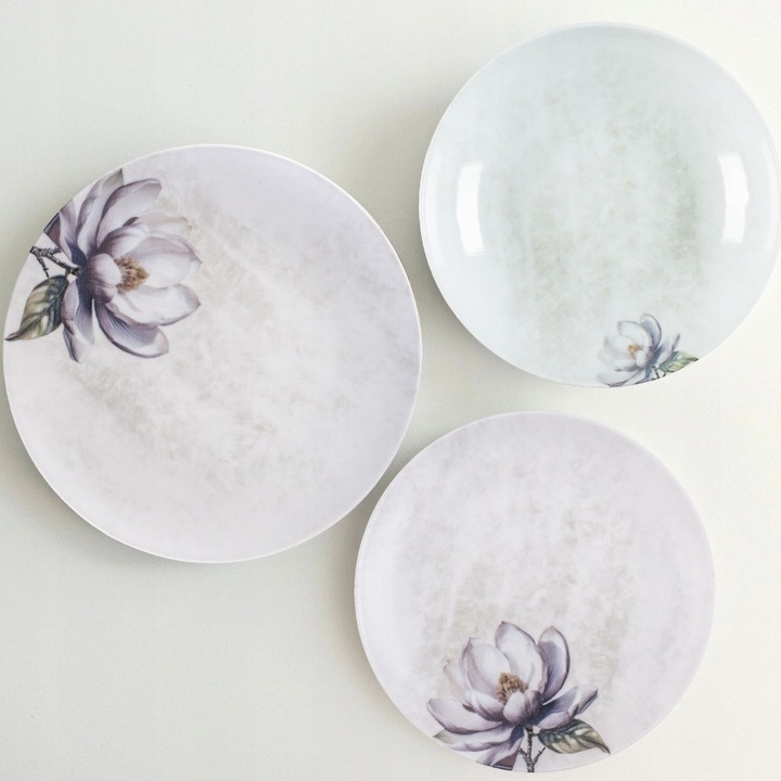 Étkezőkészlet, 18 részes, Lubiana, Kerajet 775KJ modell, fehér szürke és lila árnyalatokkal, 6 személyes