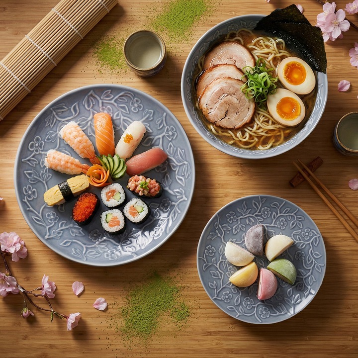 Étkezőkészlet, Hanami, 18 darab, 6 személyes, porcelán, szürke-kék, virágos dombormű