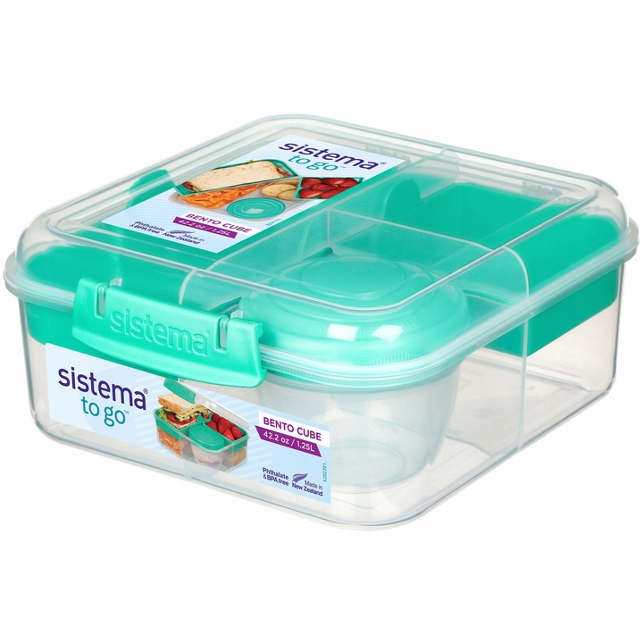 Кутия за храна Sistema bento 1250ml, тюркоаз, 5 отделения, 185x168x77mm