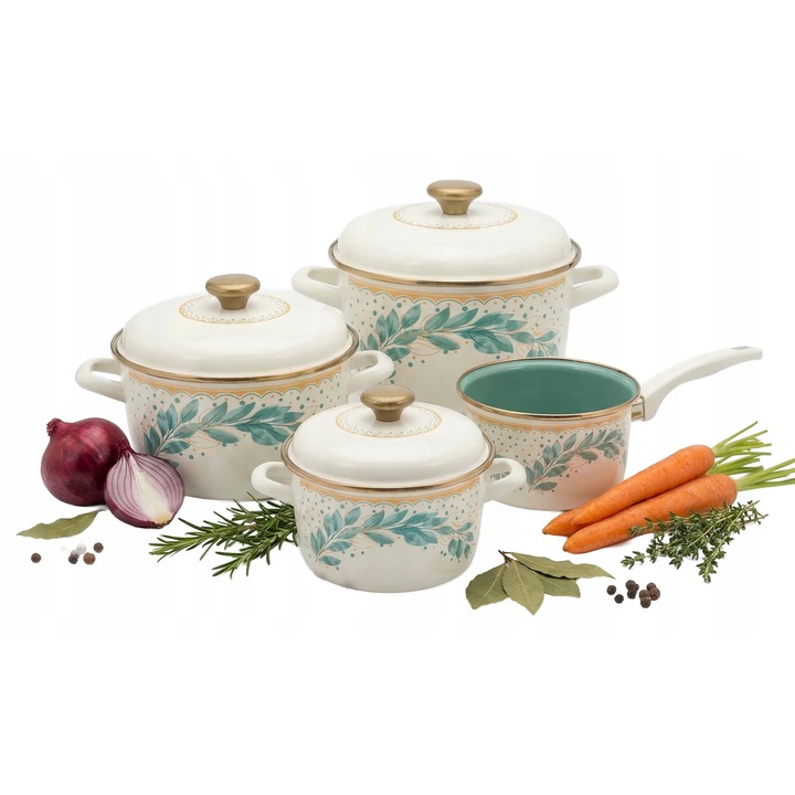 Set oale Metalac Green Line, 4 piese, emaliate, crem, 6l, 3,5l, 1,9l, 16cm