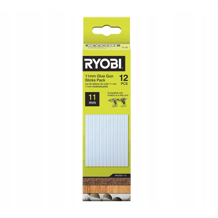 Лепило Ryobi 11 мм, комплект 12 броя, за дърво, плат, пластмаса